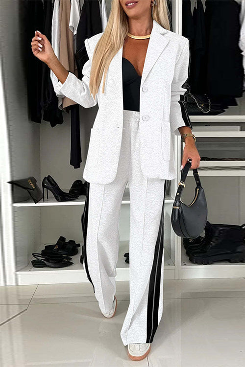 Patchwork Notch Lapel Pocketed Blazer Elastic Waist Wide Leg Pants Set