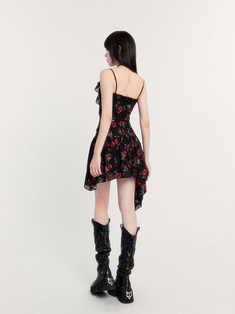 Print Gothic Mini Dress With Asymmetric Hem