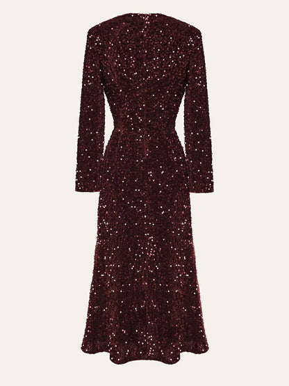 Sequin Decorated Velvet Midi Dress in Red