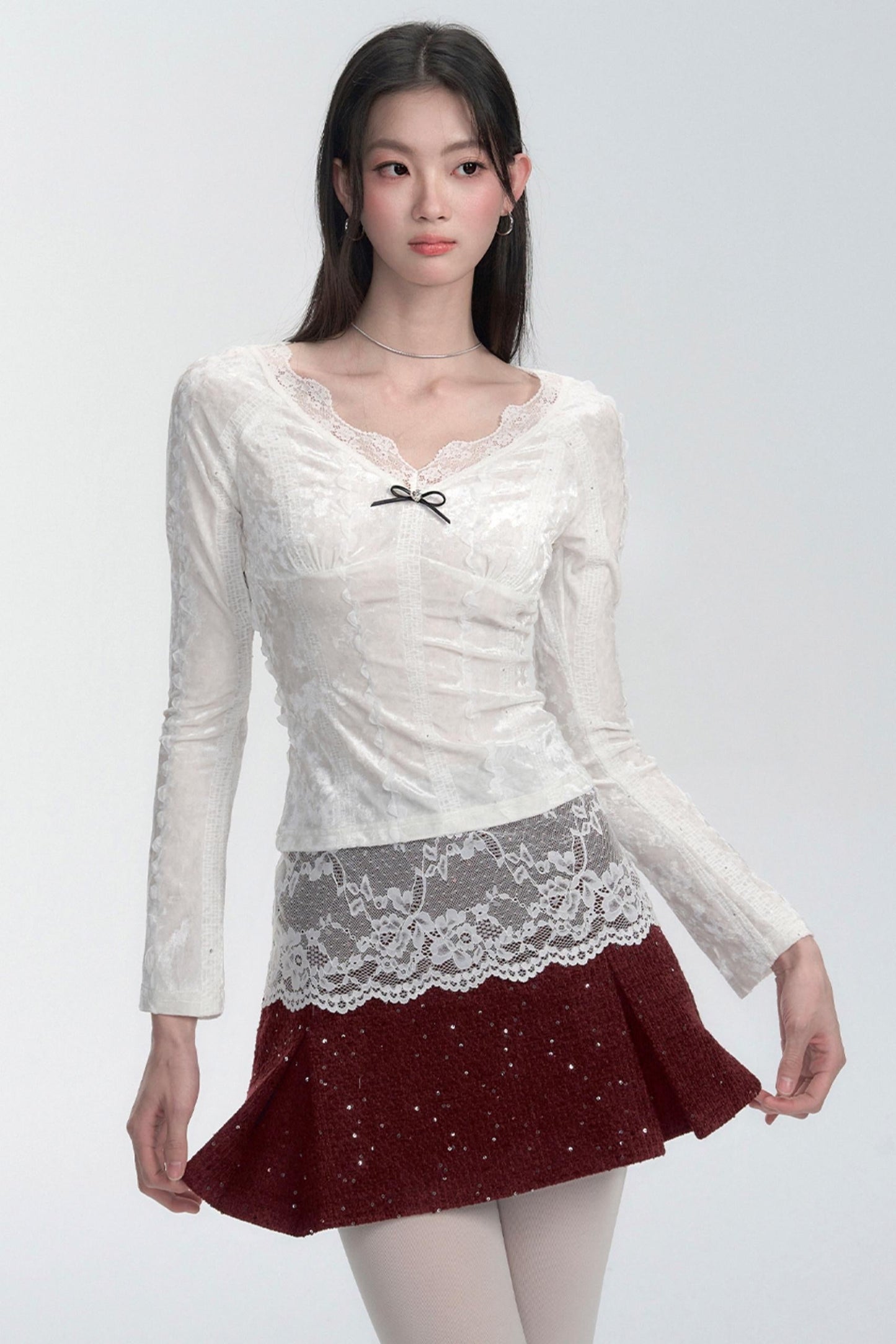 Lace-trimmed Velvet Blouse and Skirt Set-up