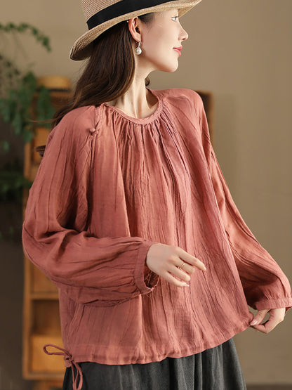 Summer Artsy Strap Hem O-neck Ramie Blouse As1026