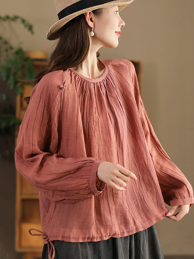 Summer Artsy Strap Hem O-neck Ramie Blouse As1026