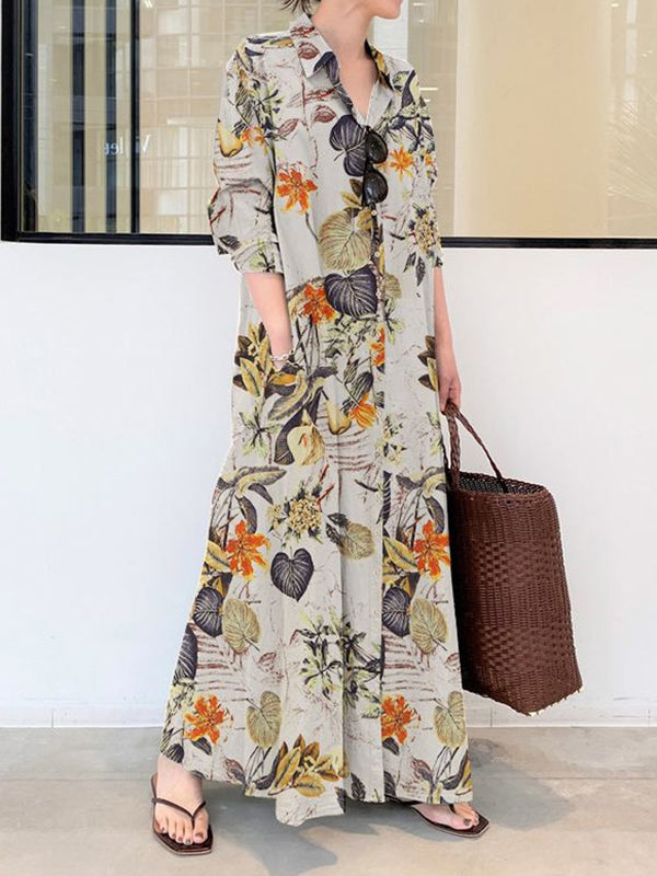 Loose Printed Split-joint Lapel Maxi Dresses Shirt Dress