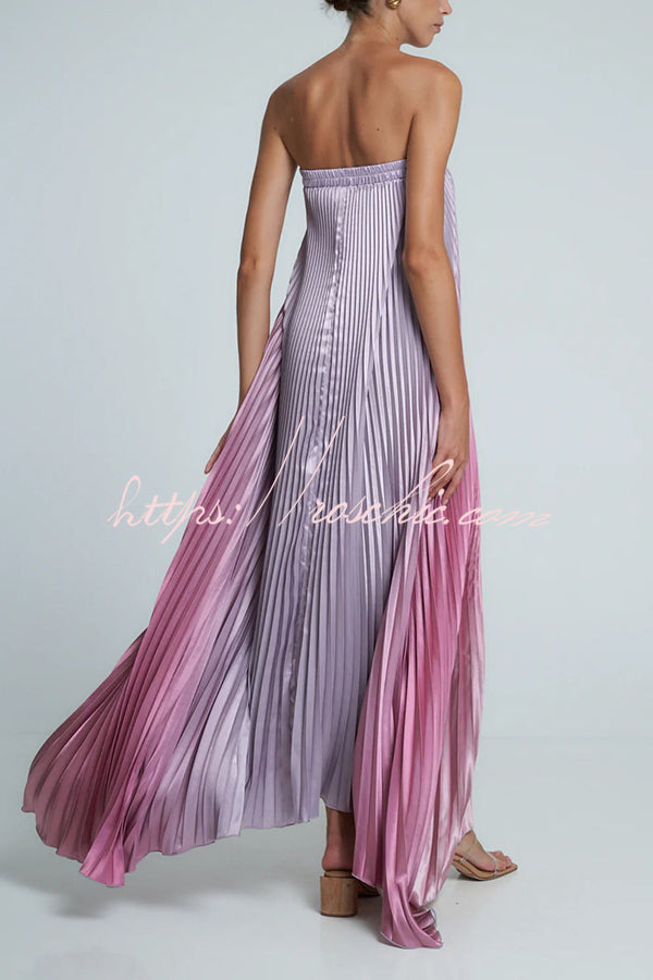 Styling Satin Pleated Elastic Bust Strapless A-line Gown Maxi Dress