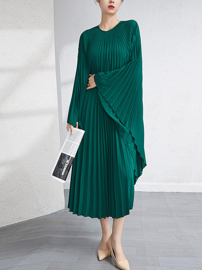 Batwing Sleeves Loose Pleated Color Maxi Dresses