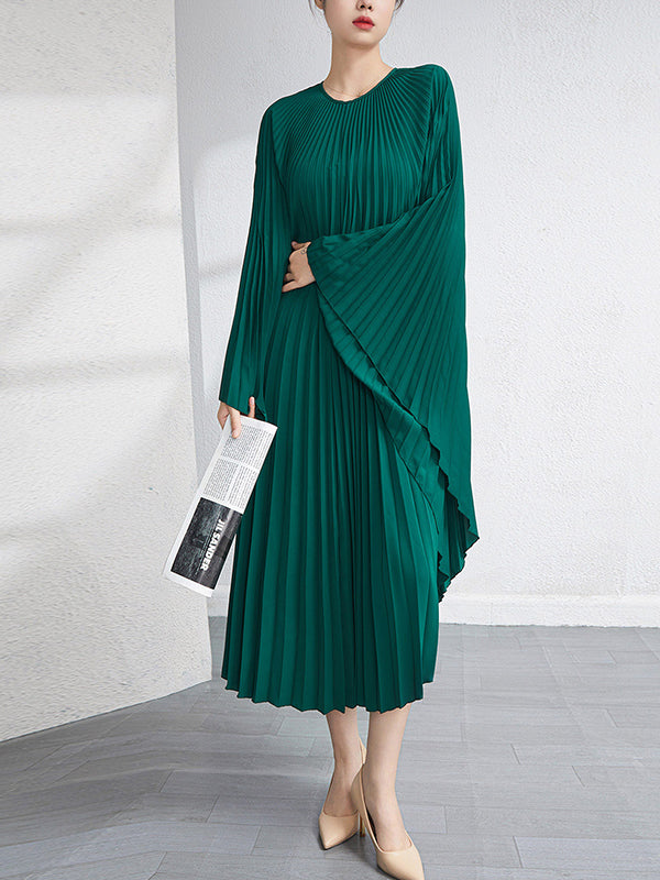 Batwing Sleeves Loose Pleated Color Maxi Dresses