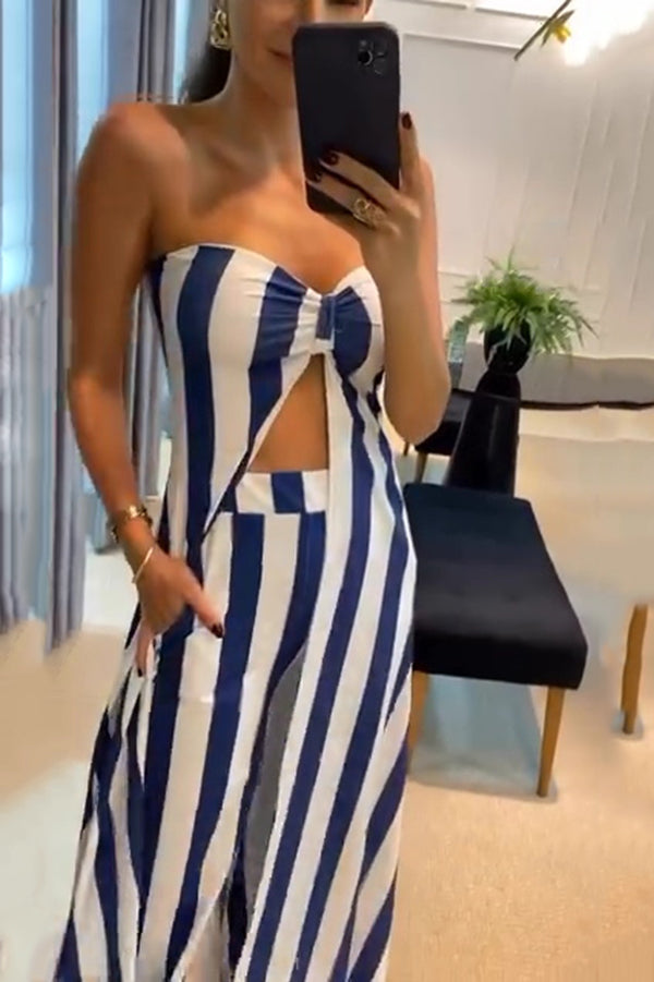Striped Print Off-shoulder Long Top and Loose Pocket Straight Pants Set