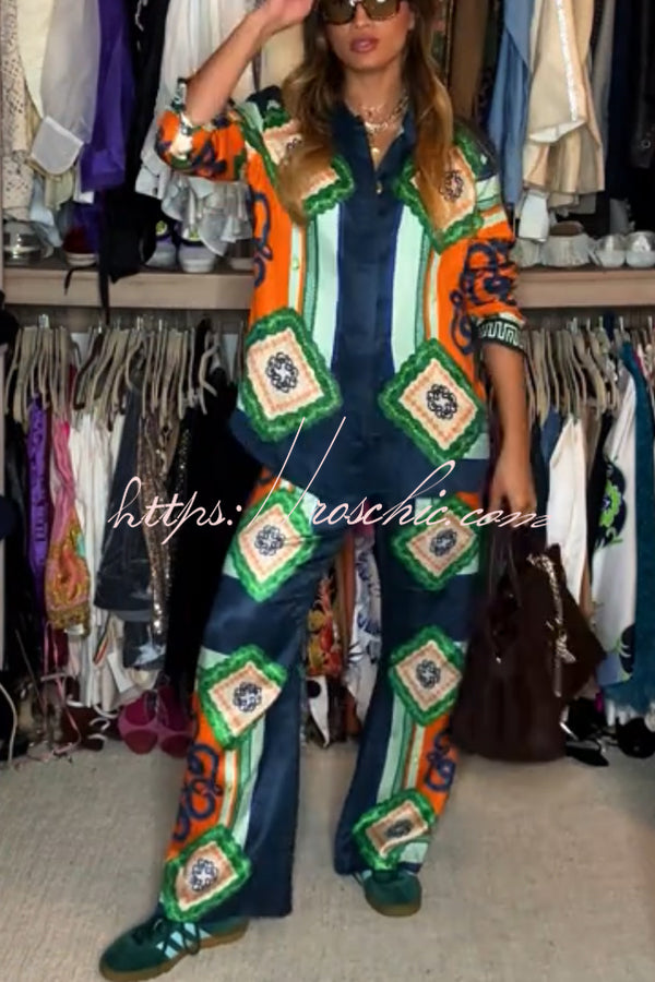 Vacation Times Satin Unique Print Button Down Oversized Blouse
