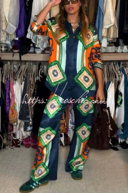 Vacation Times Satin Unique Print Elastic Waist Pocketed Wide Leg Pants