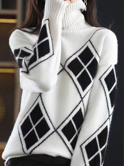 Red High-neck Contrast Color Plaid Long Sleeves Sweater Qx014