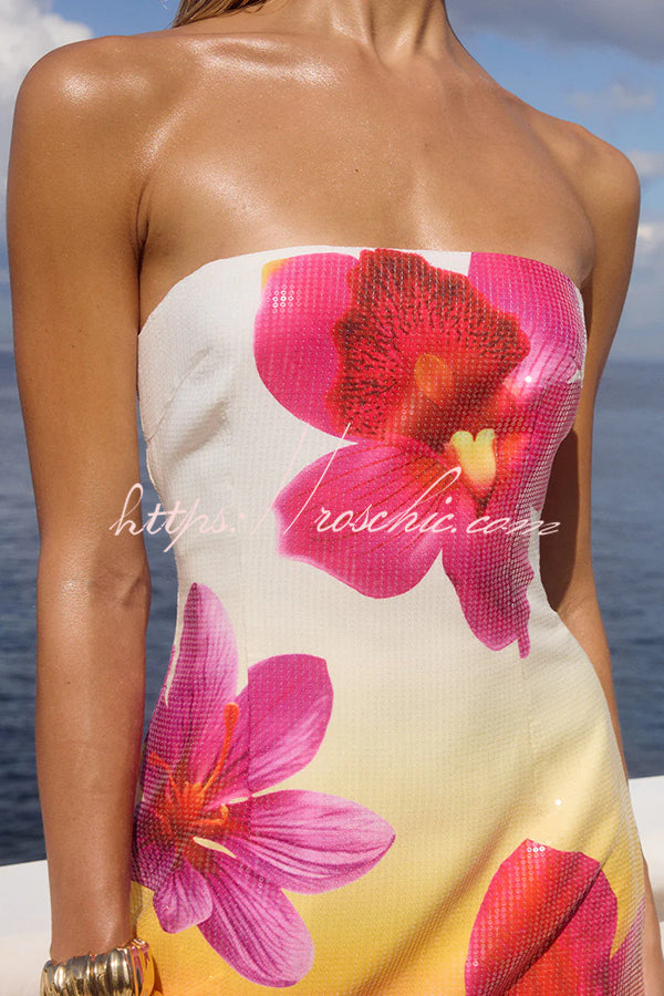 Beach Club Sequin Unique Flowers Print Strapless Stretch Mini Dress