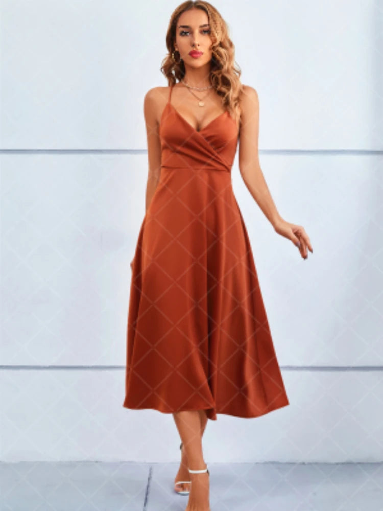 Beach Long Dress Summer V-neck White Evening Party Dressesladies Backless Bandage Satin Dress Vestidos