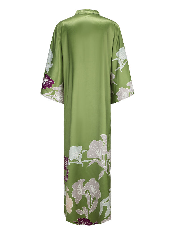 Batwing Sleeves Loose Printed Muslim Pleated Stand Collar Maxi Dresses