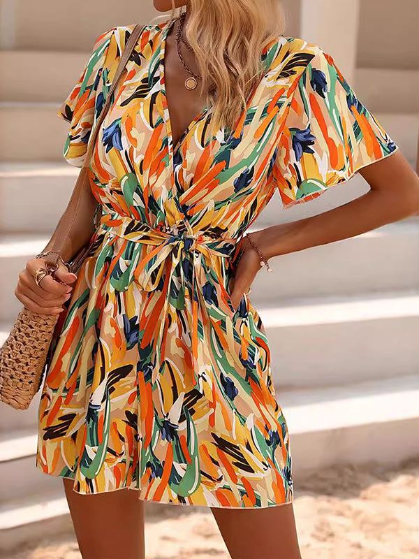 High Waisted Loose Printed Tied Waist V-neck Mini Dresses