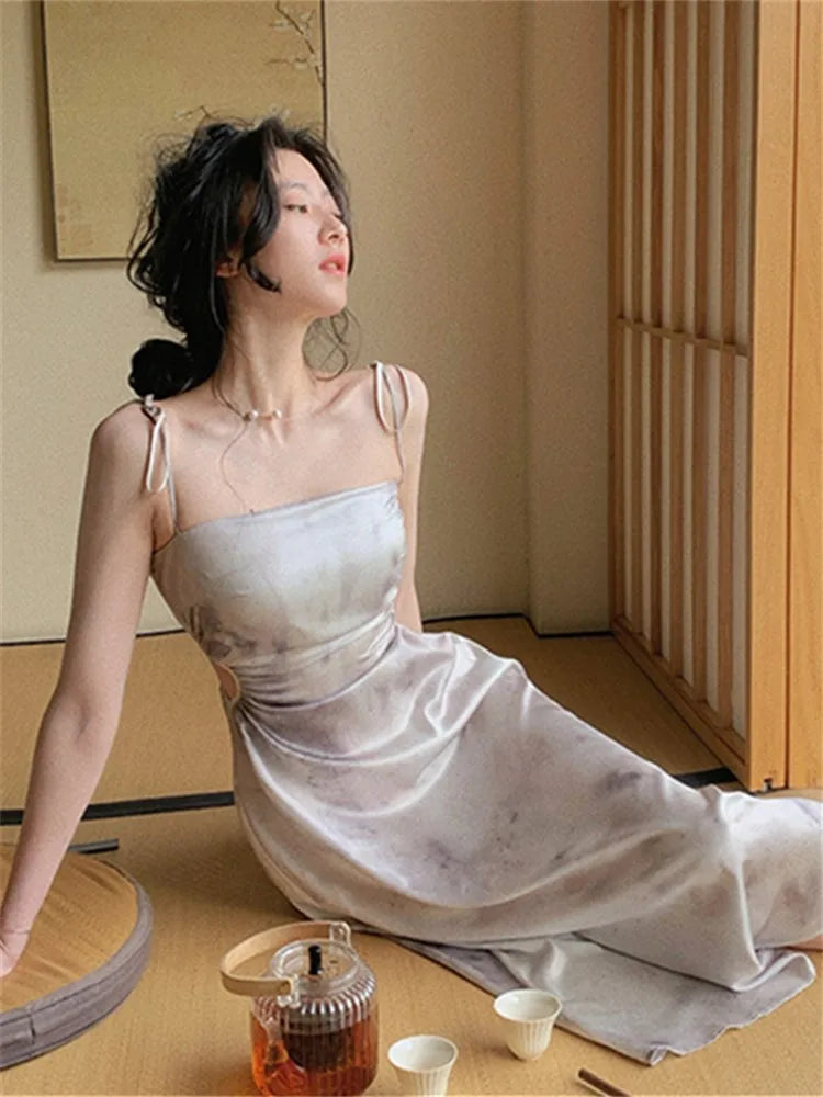 Spaghetti Strap Satin Midi Dress Hollow Out Slim Waist Summer Prom Roe One Piece Vestidos Mujer New
