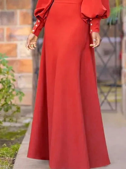 Long Sleeves Loose Buttoned Hollow Color Split-joint Round-neck Maxi Dresses
