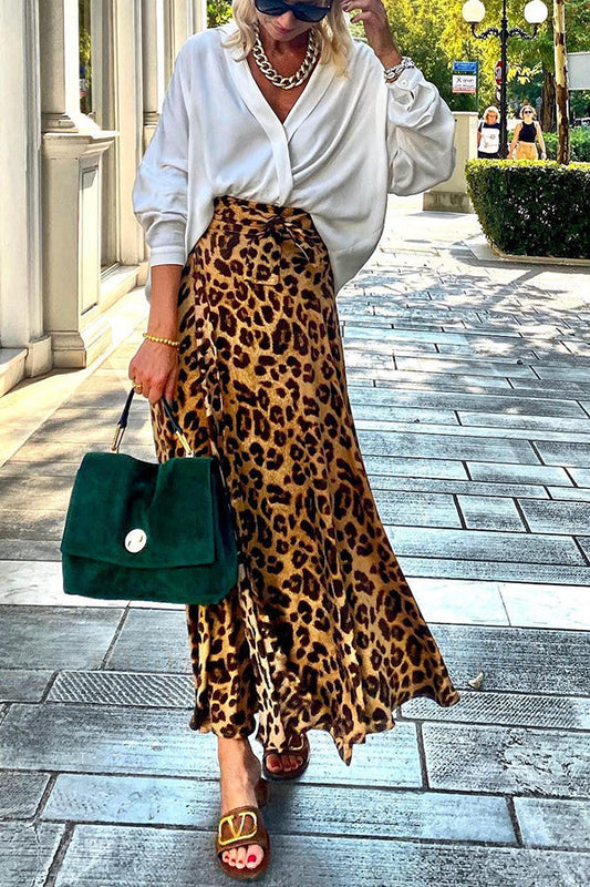 Today��s Journey Satin Leopard Tie Front Elastic Waist Midi Skirt