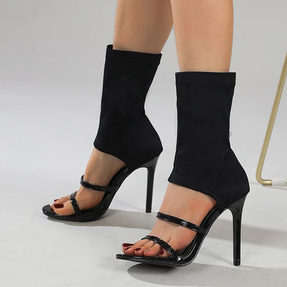Liyke Summer Design Open Toe Slip-on Elastic Boots Sandals White Cut-out Thin High Heels Ankle Booties Shoes