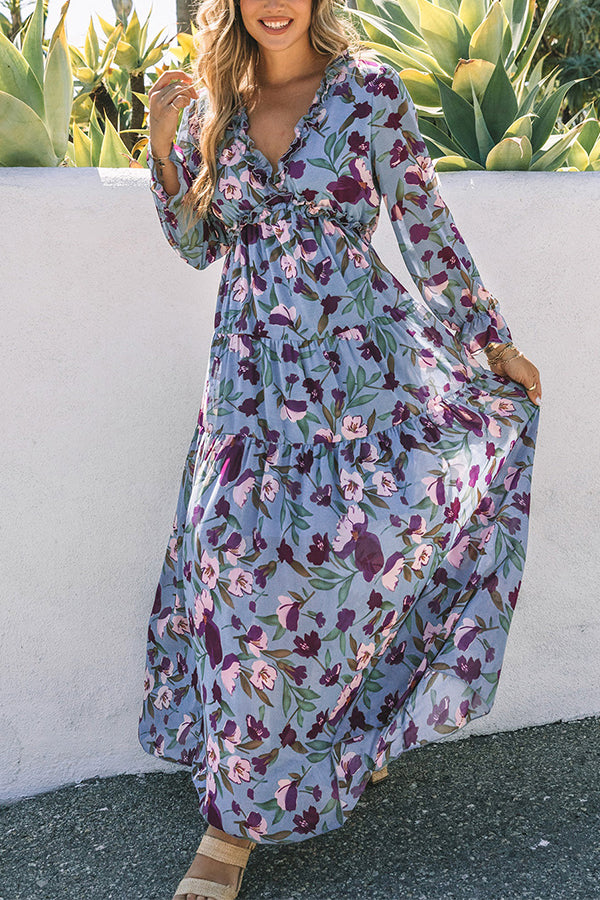 Light Blue Print Ruffle Trim Maxi Dress