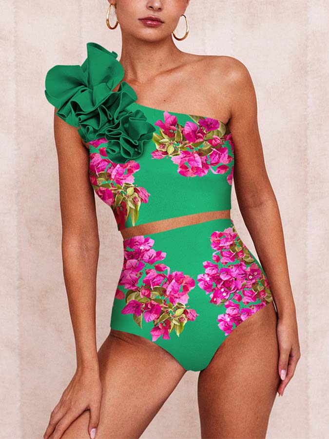 Pink Bougainvillea Flower Printed Bikini Swimsuit and Skirt