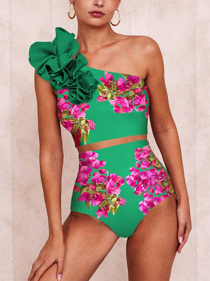 Pink Bougainvillea Flower Printed Bikini Swimsuit and Skirt