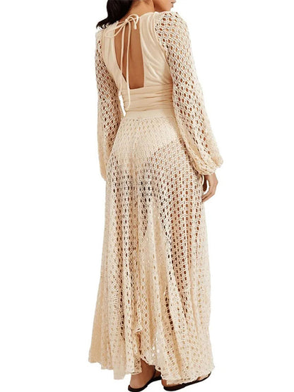 Belted Crochet-trimmed Netted-sleeve One Piece and Skirt