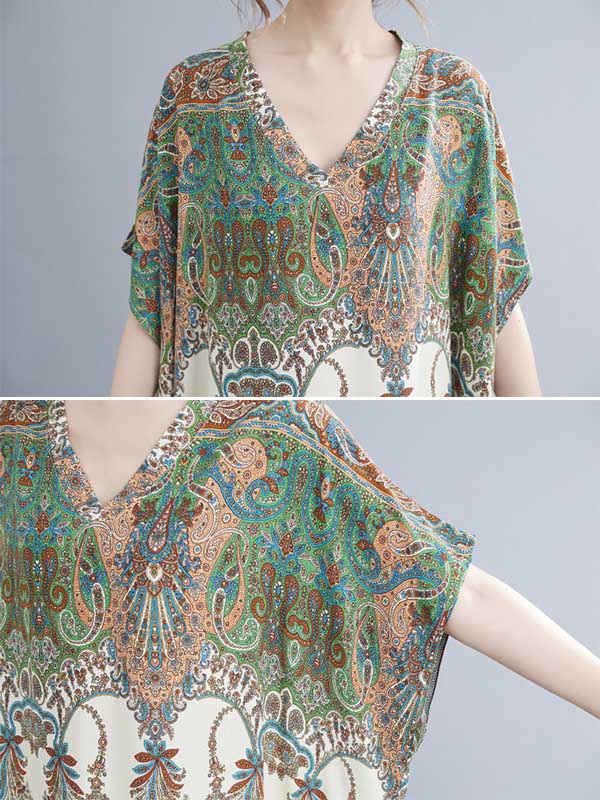 Printed V-neck Batwing Sleeves H-line Maxi Dress