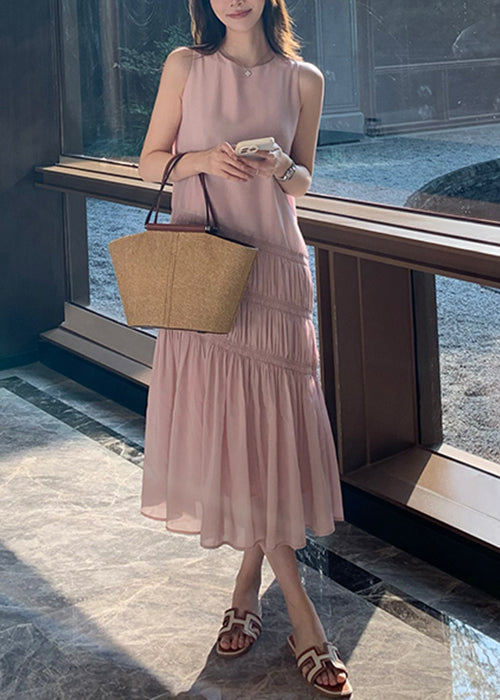 Pink Wrinkled Long Dress Sleeveless Qp036
