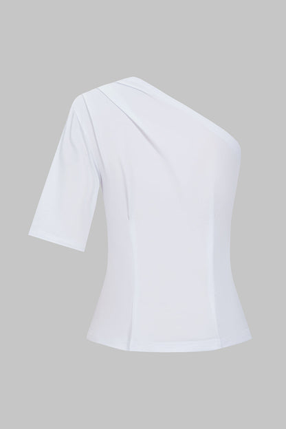 Sloid Pleated One Shoulder T-shirt