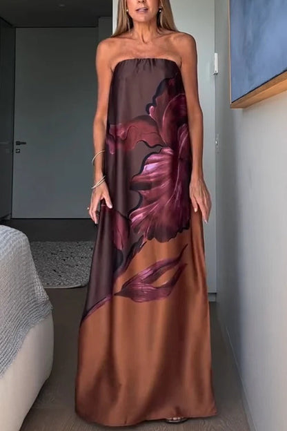 Drawing Inspiration Satin Print Off Shoulder A-line Slit Maxi Dress