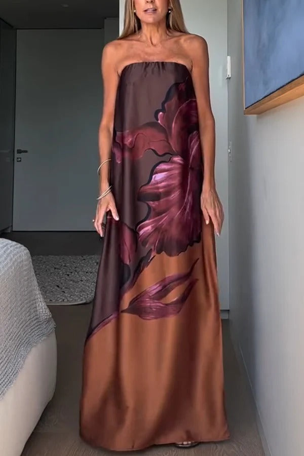 Drawing Inspiration Satin Print Off Shoulder A-line Slit Maxi Dress