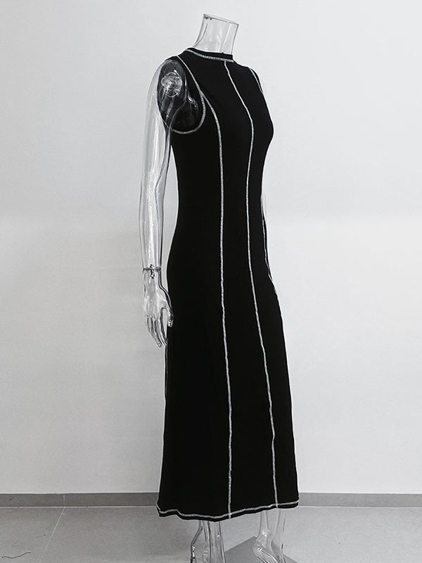 A-line Sleeveless Split-joint Striped Round-neck Maxi Dresses