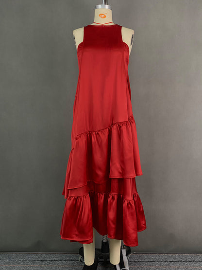 A-line Loose Double Layered Pleated Color Split-joint Zipper Cold Shoulder Midi Dresses
