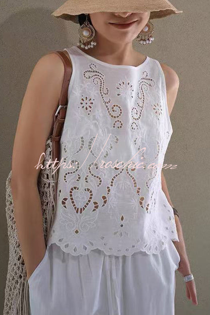 Linen Blend Color Embroidered Hollow Loose Vest and Elastic Waist Pocket Wide Leg Pants Set
