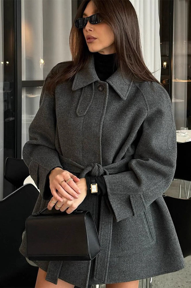 Color Lapel Belted Wool Coat