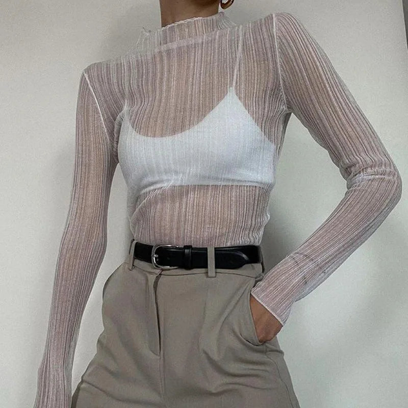 Fall See Through Long Sleeve Mock Neck Tops T-shirts Tees Slim Clothes