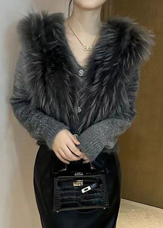 Art Grey V Neck Fur Collar Cotton Knit Sweater Winter Wv027