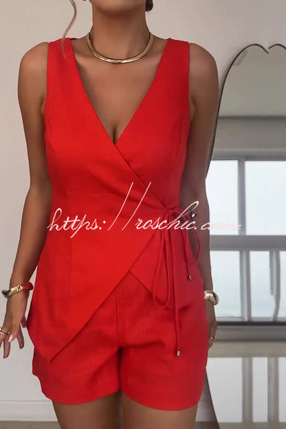 Color Sleeveless V-neck Top and Loose Shorts Set