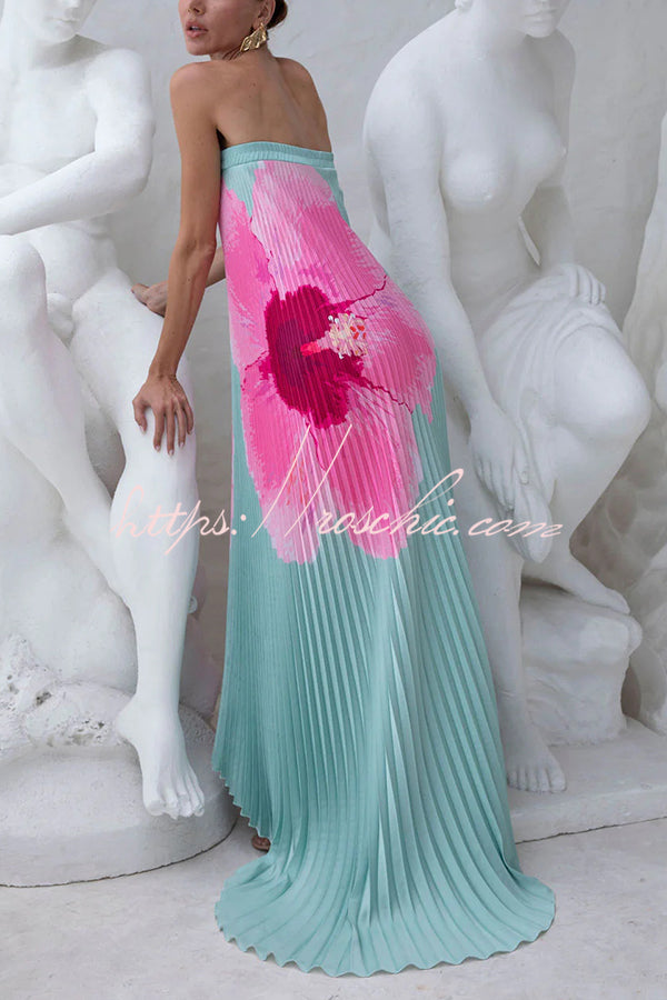 All About Her Pleated Print Off Shoulder A-line Maxi Dress