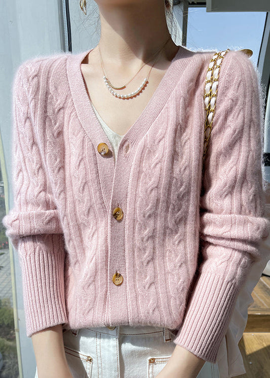 Italian Pink V Neck Cable Wool Knit Cardigans Fall Qp015