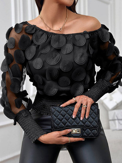 Black Dot Round-neck See-through Puff Sleeve Tulle Blouse Tt1036
