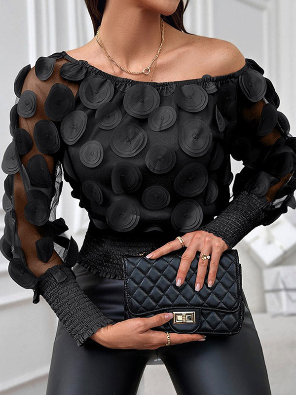 Black Dot Round-neck See-through Puff Sleeve Tulle Blouse Tt1036