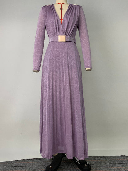 Long Sleeves Wrap Belted Pleated Color Split-side V-neck Evening Dresses Maxi Dresses