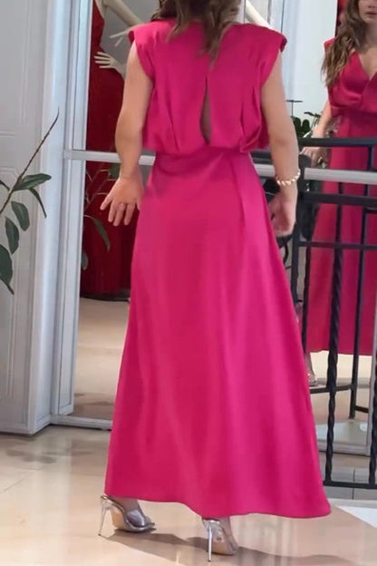 Color V-neck Sleeveless Waist Slit Maxi Dress