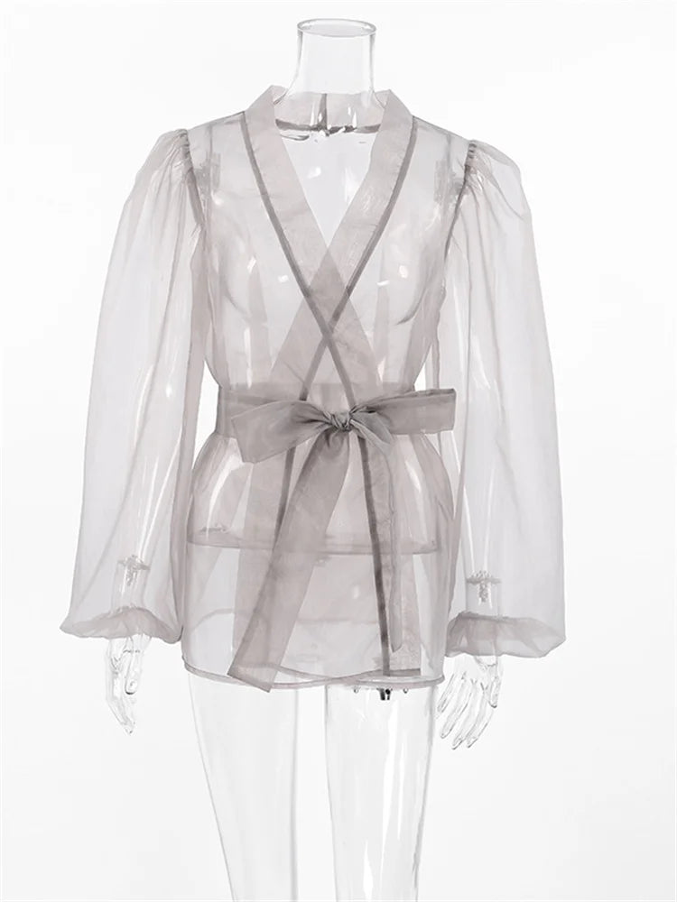 Mesh Holiday Cover Up Shirt V-neck Lace-up Beach Outwear Summer Cover Up