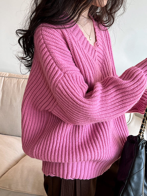 Urban Fuchsia V-neck Long Sleeve Knit Sweater An1046