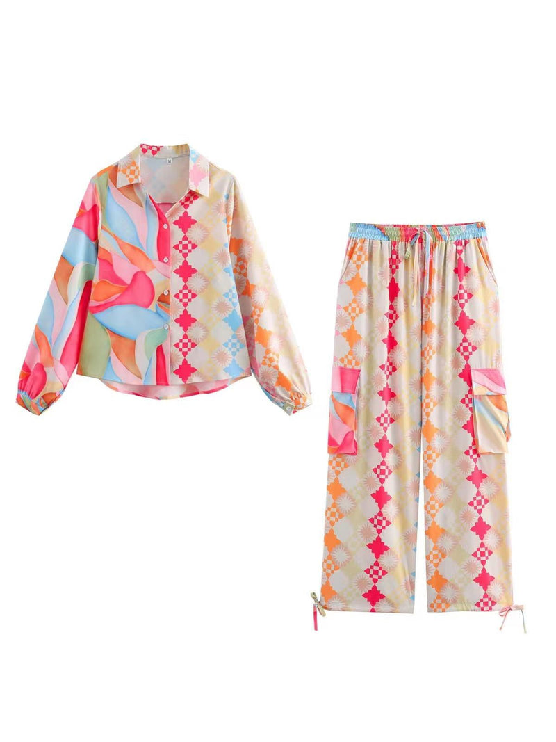 Abstract Printed Cargo Style Pant & Shirt Coord Set