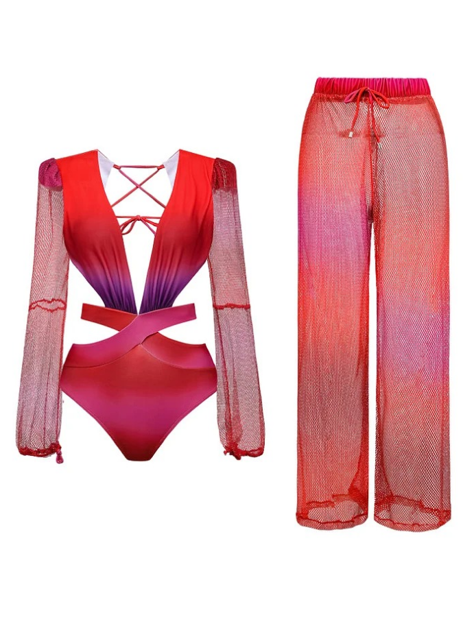 Gradient Blue Deep V Long Sleeve One Piece Swimsuit and Pants