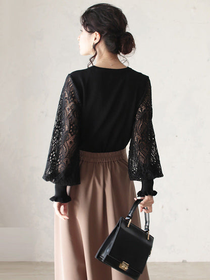 Tempermant Black Round-neck Patchwork Hollow Lace Long Puff Sleeves Sweater Qx011