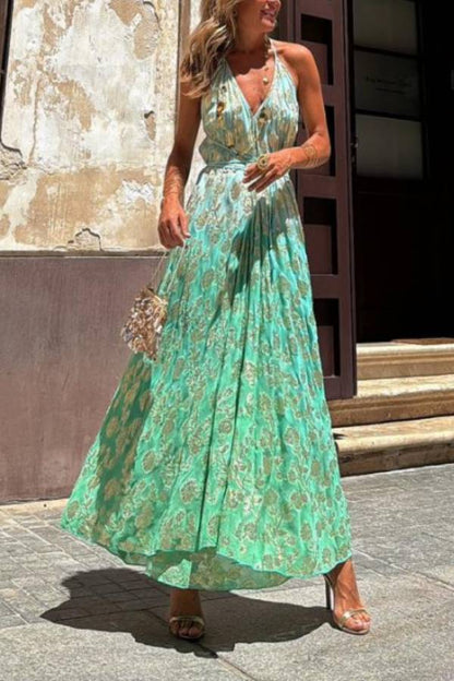 Bianca Tie-dye Ombre Gold Print A-line Halterneck Maxi Dress